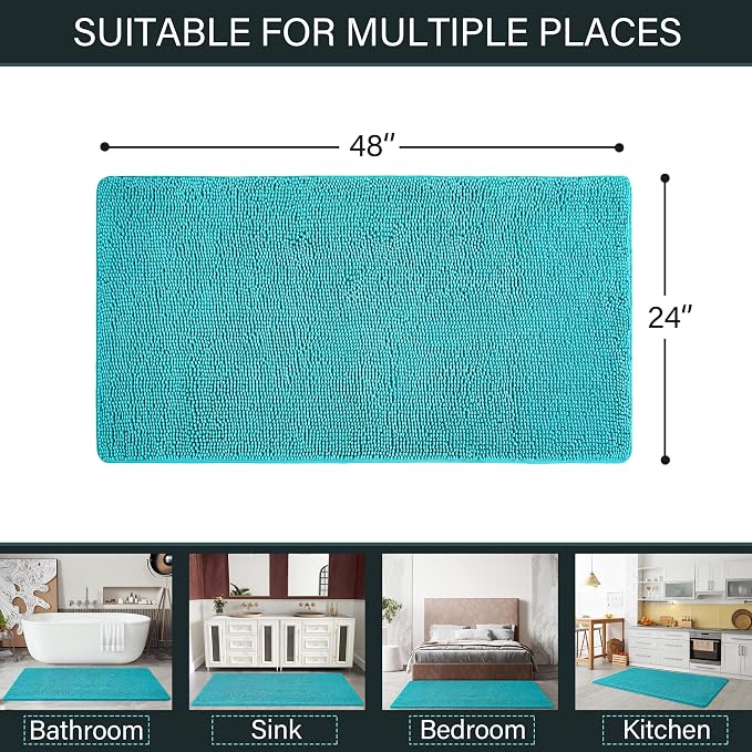 LOCHAS Luxury Bathroom Rug Shaggy Bath Mat 24 x 48 Inch, Teal Blue | Washable Non Slip Bath Rugs for Bathroom Shower, Soft Plush Chenille Absorbent Carpets