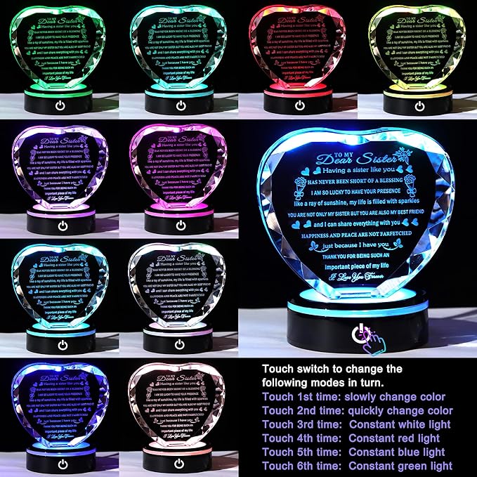 YWHL Sister Birthday Gifts with Colorful LED Base Crystal Heart to My Sister Gifts from Sisters Brother Meaningful Gift for Sisters on Christmas Valentine Day Mothers Day