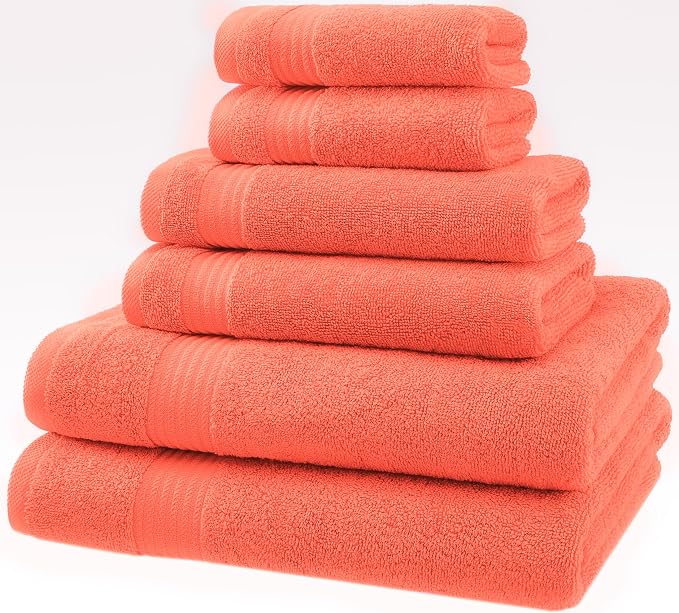 American Veteran Towel, 6 Piece Towel Set for Bathroom, 100% Cotton Turkish Bathroom Towels, 2 Bath Towels 2 Hand Towels 2 Washcloths, Coral