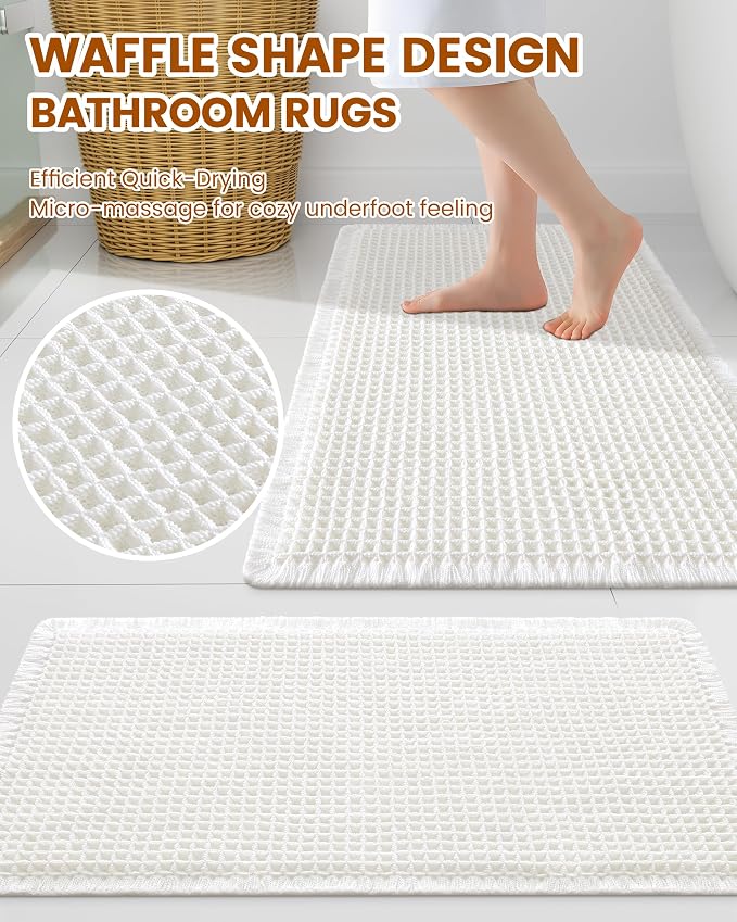 Smiry Waffle Bath Mat 60x24, Extra Soft Absorbent Bathroom Rugs, Non Slip Machine Washable Quick Dry Bath Rugs for Bathroom Floor, Tub, Shower, Home Decor Accessories, White