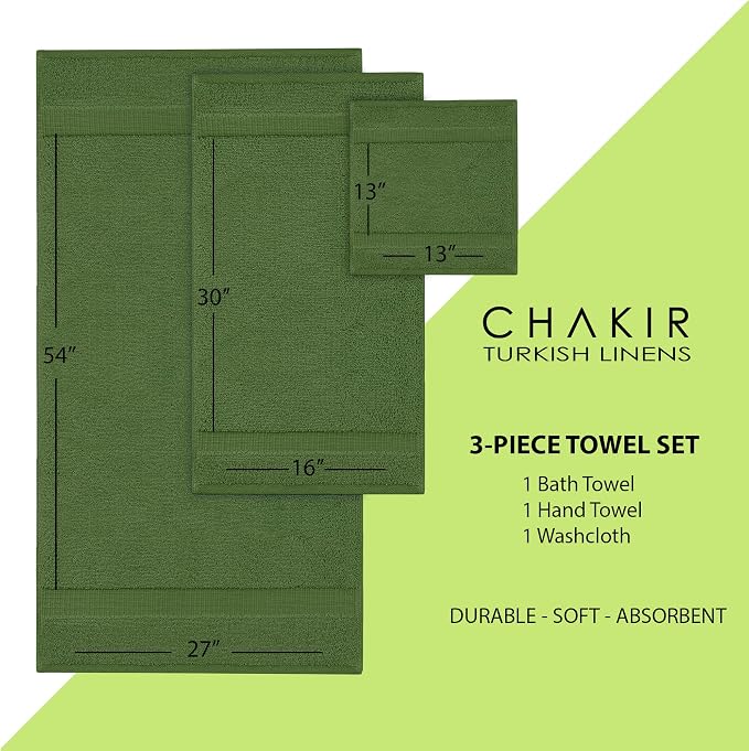 Chakir Turkish Linens Personalized 3 Piece Towel Set, 100% Cotton Luxury Turkish Towels for Bathroom, Soft Absorbent Towel Set with Bath Towel Hand Towel and Washcloth, Moss