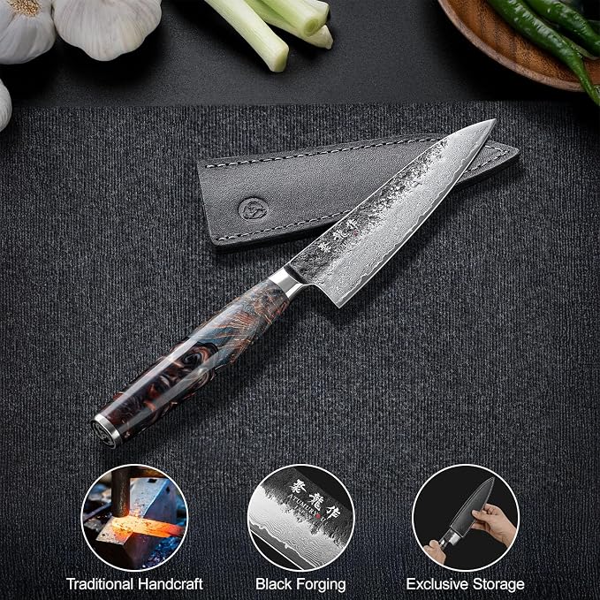 5.5'' Japanese Utility Knife, 67-Layer Damascus VG10 Steel | Kurouchi Forged Finish, Fruit, Vegetable & Herb Prep, Compact Blade Control, Leather Sheath Included, Premium Gift Box