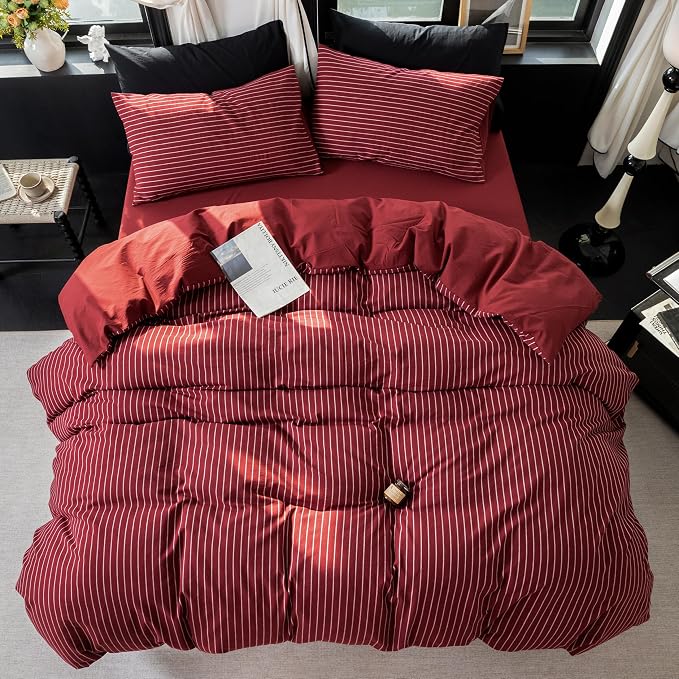 Reversible Duvet Cover Set 100% Washed Cotton Red Stripe Linen Feel Duvet Cover Queen Size with Zipper Closure & 2 Pillow Shams, Red/White Stripe Reverse Solid Red