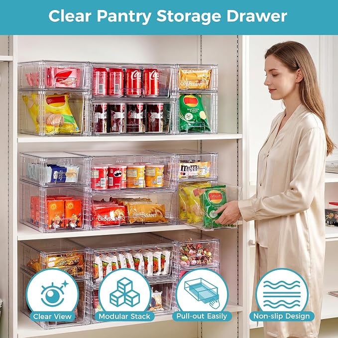 Vtopmart 6 Pack Clear Stackable Storage Drawers,Easy to Assemble Pantry Organizers and Storage with handles,Plastic Drawers for Kitchen Pantry,Cabinet,Under Sink Organization