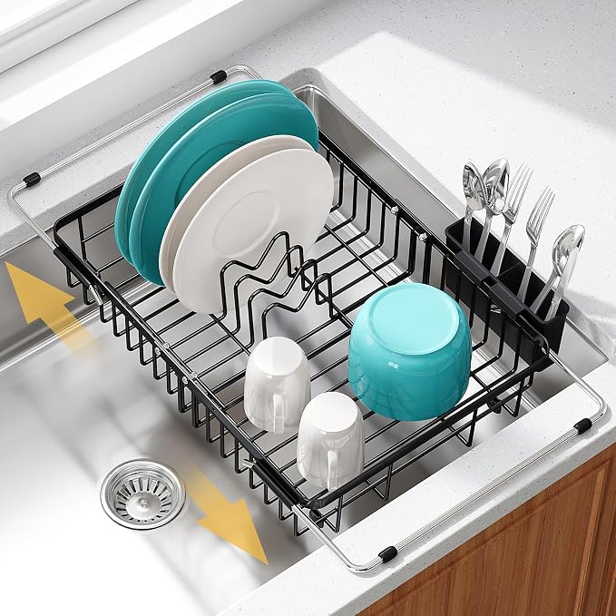 JASIWAY Black Dish Drying Rack Over the Sink with Utensil Holder | Expandable Stainless Steel Dish Driainers for Small Kitchen, Counter Space Saving, Fast Drain, Rust Resistant, For Apartment