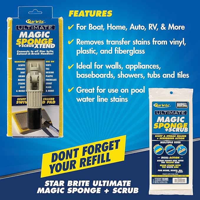 STAR BRITE Ultimate Magic Sponge + Scrub XTEND - Dual Articulating Flex Head, Ideal for Pool, Spa, RV, Boat, and Home, Connects to Extend-A-Brush Handles (041010)