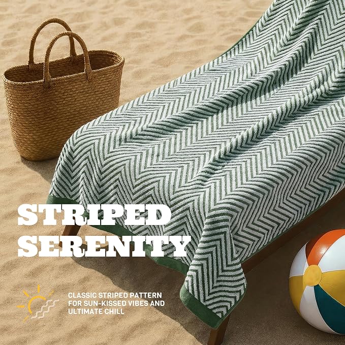 White Classic Cotton Beach Towels Oversized 35 x 70 Inches, Ultra Absorbent and Low Lint Luxury Pool Towels, Chevron Design, Khaki Green, 2 Pack