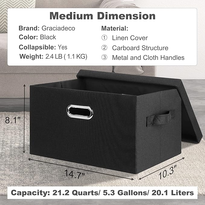Graciadeco Medium 15" 21 Quart Collapsible Stackable Storage Bins with Lids, 3 Packs Black Foldable Fabric Closet Boxes Heavy-duty Lidded Linen Cube Basket Container Organizer and Storage for Bedroom
