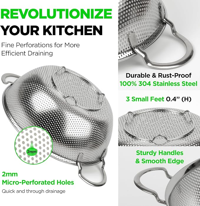 Premium 18/8 304 Stainless Steel Set of 3 – Micro-Perforated Strainers with Handles, Self-Draining Base for Pasta Vegetables Fruit, Heavy Duty (4, 6, 8 Qt) Made in Korea