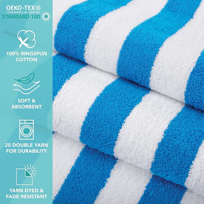 Arkwright California Cabana Stripe Beach Towel - Pack of 4, Large Soft Quick Dry 100% Cotton Terry Towels Set for Pool, Swim, and Hot Tub, Oversized 30 x 70 in, Blue