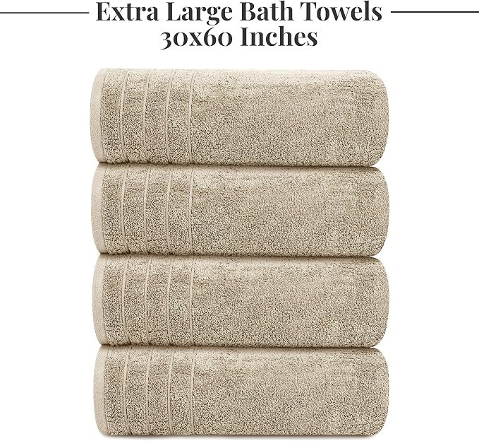 Tens Towels 4 Piece Extra Large Bath Towels 30 x 60 Inches, Beige | 100% Cotton, Larger & Lighter Weight, Quicker to Dry, Super Soft and Absorbent, Perfect for Bathroom
