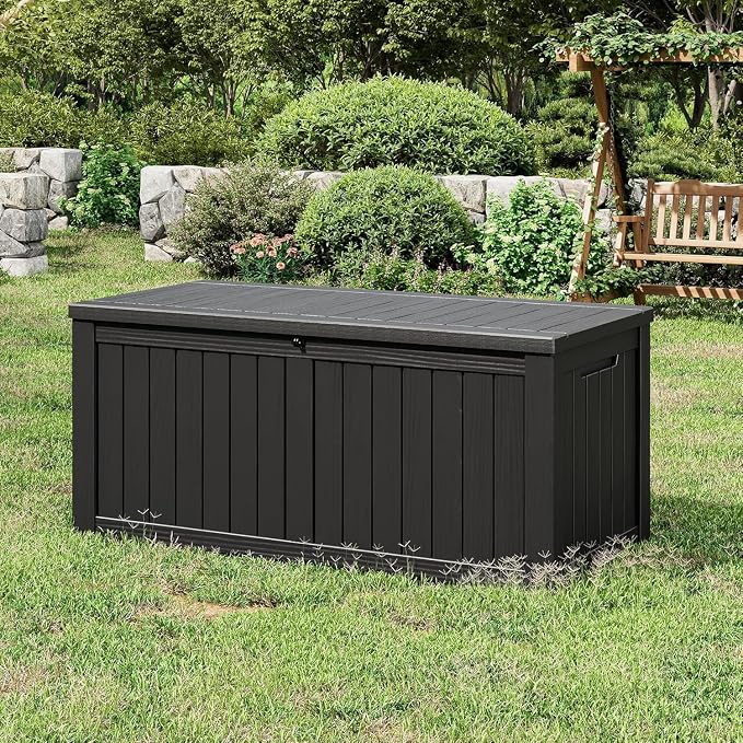 151 Gal Deck Box, Outdoor Storage Box Waterproof Lockable, Gas Lift,Black | Large sturdy grey resin deck box, double wall panels, waterproof backyard storage for package delivery, garden hoses tools