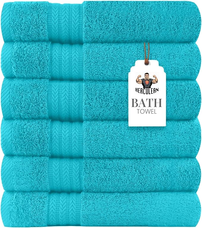 HERCULEAN Large Bath Towels 24 x 50 Pack of 6 | Quick Dry and Highly Absorbent | 100% Cotton Terry Towels for Bathroom - Perfect for Shower - Pool and Spa - Luxury Soft Towels - Aqua Blue
