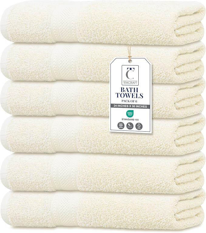 Large Bath Towels Set of 6 – 100% Cotton Terry – 24" x 50" – Quick Dry, Soft & Highly Absorbent – Ivory Towels for Bathroom, Gym, Spa, Pool & Daily Use