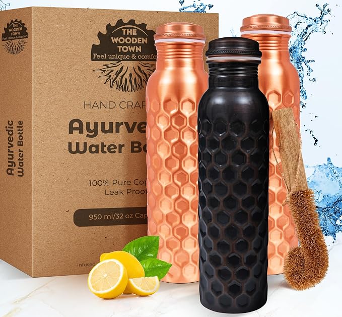 Copper Water Bottle,Ayurvedic Pure Copper Bottle For Drinking - Drink More Water, Lower your Sugar Intake And Enjoy The health Benefits Immediately - 32 Oz(1Cleaning Brush +3 Diamond Bottle)