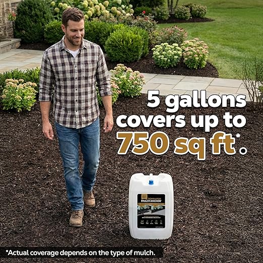 Dominator Mulch Anchor 5 Gallon - Mulch Glue for Landscaping | Mulch Glue Spray for Rubber Mulch, Wood Chips, Pine Straw, Cedar & Cypress | Ready to Spray Heavy Duty Landscape Glue