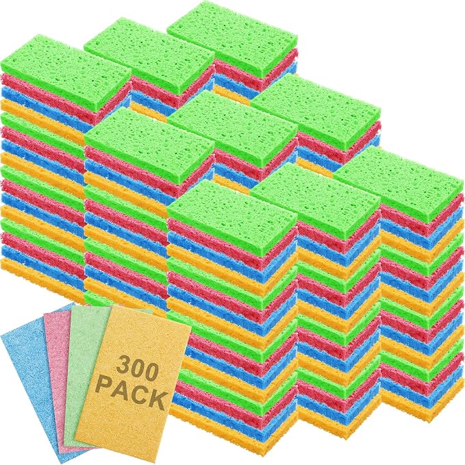 Zhengmy 300 Pieces Sponges Bulk Sponges Kitchen Compressed Sponge Natural Dish Sponge Compressed Wood Pulp Cleaning Without Scratching for Kitchen Bathroom, 3.9 x 2.4 x 0.12 Inch (Multicolor)
