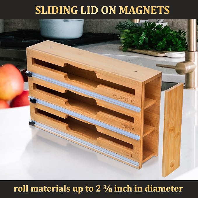 9 in 1 Bamboo Drawer Organizer for Kitchen — Zip Top Bag, Foil and Plastic Wrap Storage with Chalkboard Labels, Fits Gallon Quart Sandwich Snack Bags, Pantry Organization