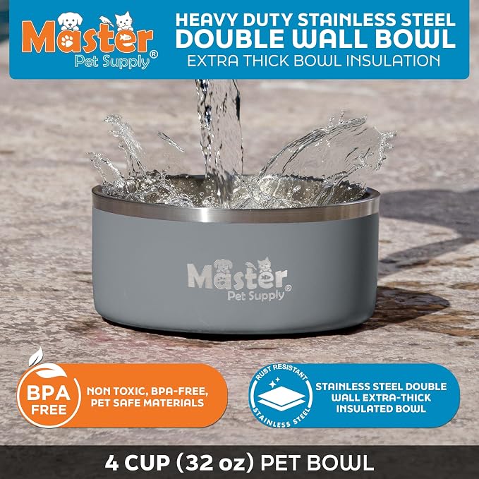Master Pet Supply Stainless Steel Dog Bowls - 32 oz, Heavy Duty - Graphite, Double Wall Extra-Thick Insulated, Non-Slip Pet Water Bowl for Dogs, Cats & Pets, Anti Rust Metal, Dish Washer Safe
