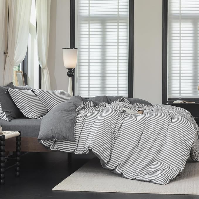 Reversible Duvet Cover Set 100% Washed Cotton Dark Grey Stripe Linen Feel Duvet Cover Queen Size with Zipper Closure & 2 Pillow Shams,Dark Grey/White Stripe Reverse Solid Dark Grey