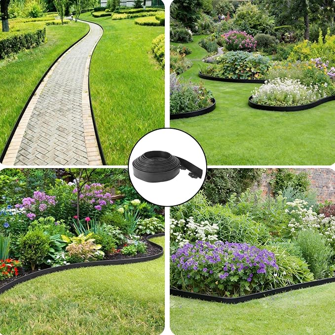 Landscape Edging 3in*115FT,Garden Edging Border with 175 Pcs Metal Spikes | Flexible Lawn Edging for Landscape, Garden, Flower Beds, Lawn, Yard, Pathway, Paver Edge-Black