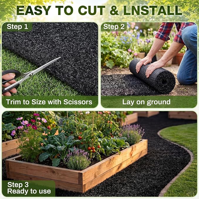 Nuanchu 2 x 10 ft Recycled Rubber Walkway, Black Rubber Mulch Mat Roll for Landscaping Outdoor, Imitation Grass Design Natural Looking Mulch Solution for Garden Pathway, Barrier & Edging Border
