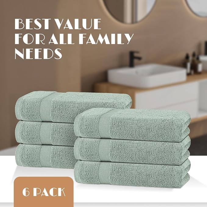 White Classic Wealuxe Green Bath Towels 24x50 Inch, Cotton Towel Set for Bathroom, Hotel, Gym, Spa, Soft Extra Absorbent Quick Dry 6 Pack