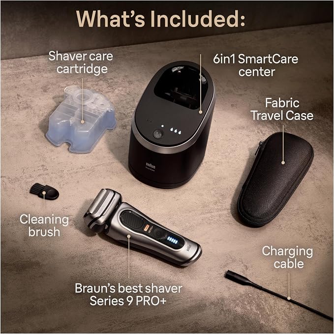 Braun Series 9 PRO+ Electric Razor for Men, 5 Pro Shave Elements & Precision Long Hair Trimmer, 6in1 SmartCare Center, Wet & Dry Electric Shaver for Smooth Skin with 60min Battery Runtime, 9567cc