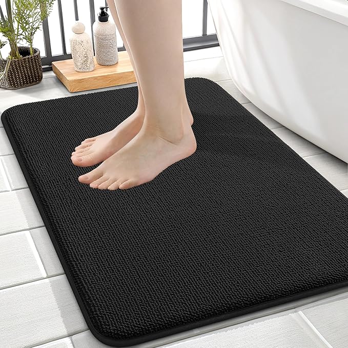 OLANLY Memory Foam Small Bathroom Rugs 24x16, Absorbent Bath Mat, Black | Soft Quick Dry Bath Mat Rugs, Non-Slip, Machine Washable Mat for Bathroom Floor, Tub and Shower, Home Decor Accessories