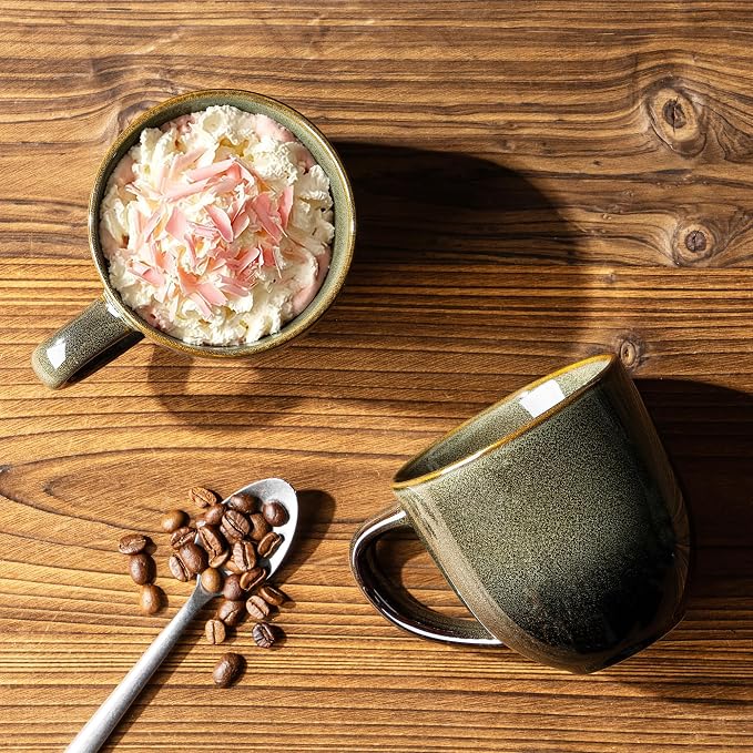 theterra Ceramic Coffee Mugs Set of 6, 12oz Handmade Coffee Cups with Handle for Latte, Tea, Milk, Beer, Hot Cocoa, Olive Green