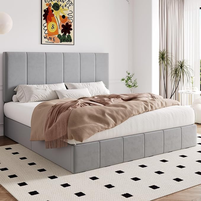 Allewie King Size Velvet Lift Up Hydrualic Storage Bed Frame, Grey | Vertical Channel Tufted Headboard, Hydrualic Underneath Storage, Upholstered Platform Bed, No Box Spring Needed