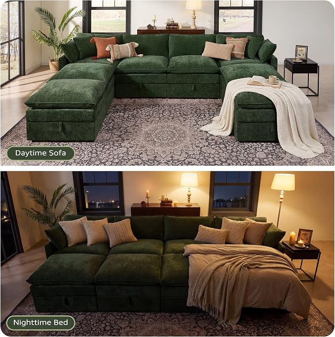 Ihanherry 135” Oversized Sectional Sofa Bed with Storage, 8-Seater Modular Cloud Couch with Movable Ottomans, Chenille Deep Seat Sleeper Couches for Living Room (Green)