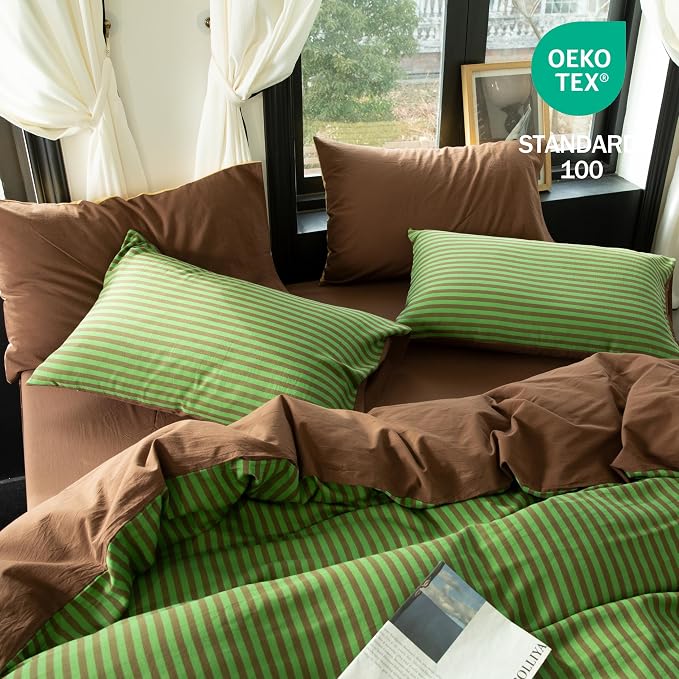 Reversible Duvet Cover Set 100% Washed Cotton Green Stripe Linen Feel Duvet Cover King Size with Zipper Closure & 2 Pillow Shams, Green/Brown Stripe Reverse Solid Brown