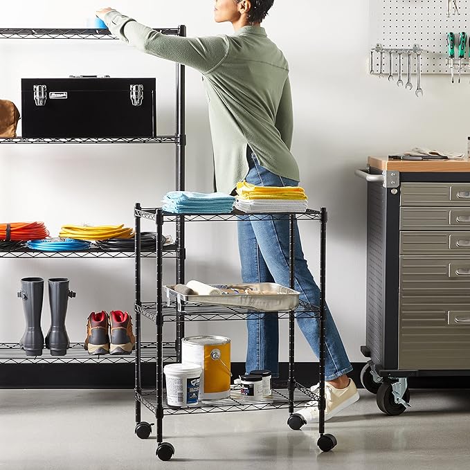 Amazon Basics 3-Shelf Adjustable Heavy Duty Storage Shelving Unit on 2" Wheels, Metal Wire Rack for Garage, Utility Shelving with Leveling Feet, 23.2"L x 13.4"W x 32.75"H, Black