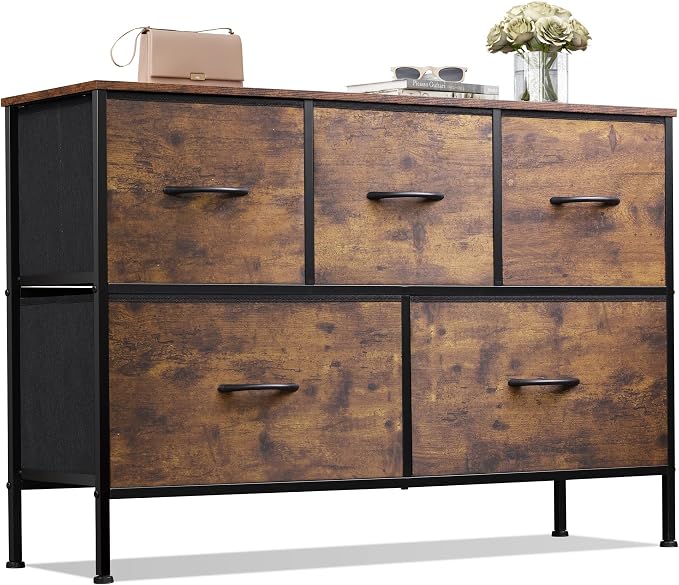 WLIVE 5 Drawer Dresser for Bedroom, Wide Chest of Drawers, Rustic Brown | 5 roomy fabric drawers, Wide low-profile design, Bedroom or closet use, Sturdy steel frame, Smooth wood tabletop