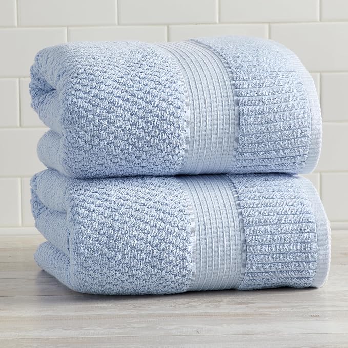 NY Loft 100% Cotton 2-Pack Oversized Bath Towel Set | Blue | Quick-Dry | Two Oversized 35" x 70" Bath Towels / Bath Sheets | Super Absorbent | Designer-Styled Texture