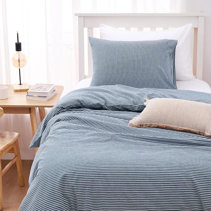 Wake In Cloud - Striped Cotton Duvet Cover Set, 100% Washed Cotton Textured Bedding Set, Ticking Stripe Pinstripe Farmhouse, 3 Pieces, Denim Blue, Twin/Twin XL Size