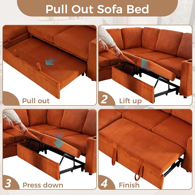 L-Shaped Sectional Sleeper Sofa with Pull Out Bed, Orange | Plush Corduroy Modular Couch with Storage, USB Charging, Cup Holders – Cozy Cloud Couches for Living Room, Easy Assembly