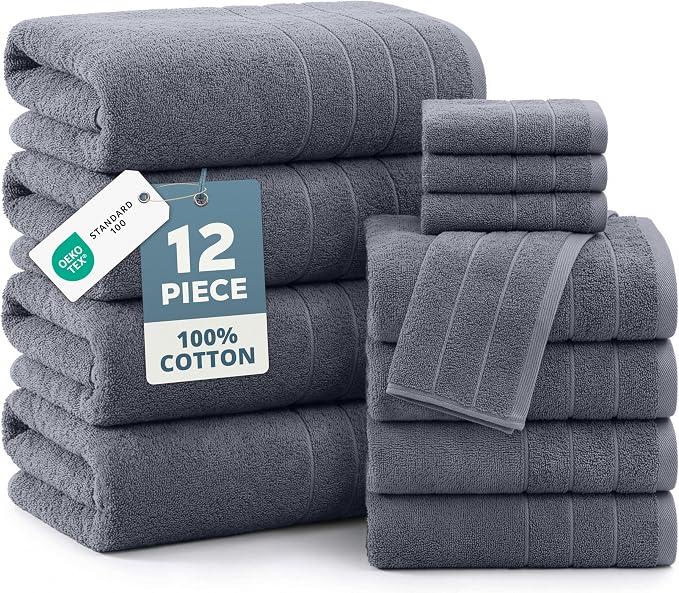 Casa Platino Bath Towel Set 100% Cotton 12 Piece Soft Absorbent - Cool Grey | Cotton Bath Towels - Densely Woven, Coordinated Colors, Dobby Border Accent, OEKO-TEX Certified, Ring-Spun Durability