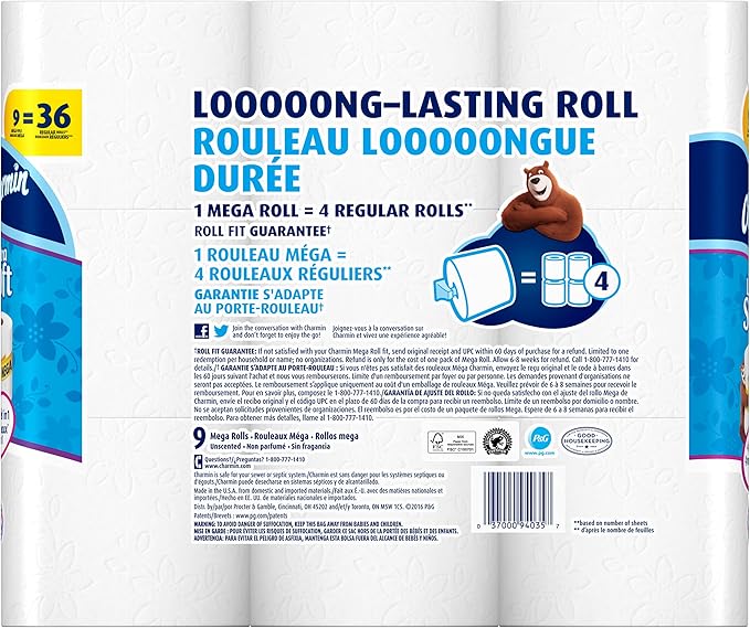 Charmin Ultra Soft Toilet Paper, Bath Tissue, Mega Roll, 9 Count of 308 2-Ply Sheets Per Roll
