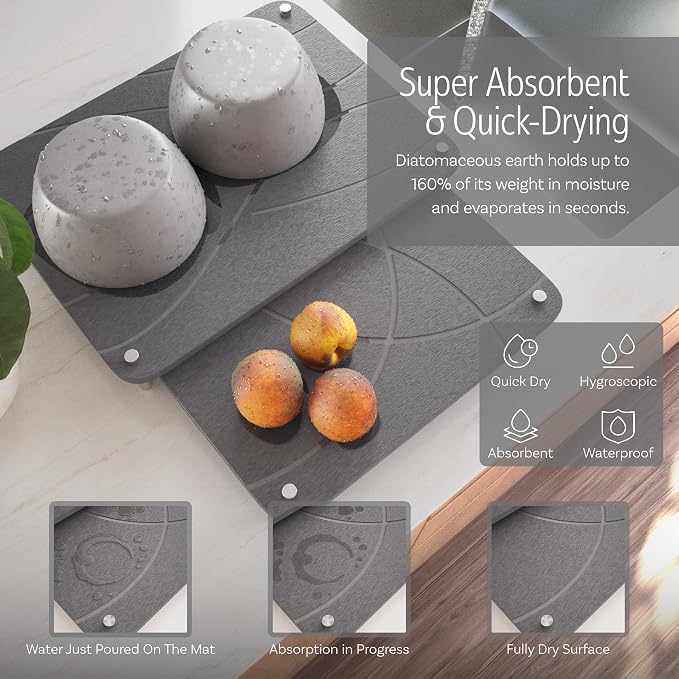 Nested Dish Drying Stone Mat with Bamboo Rack | Large 16"x12" Dish Drying Mat plus 13"x12" Diatomaceous Earth Stone Mat | Expands to 29” x 12” | Premium Stone Mat for Kitchen Counter (Dark Gray)