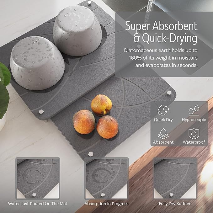 Large Stone Drying Mat for Kitchen Counter | 15.8” x 11.8” Dish Drying Mat Large | Diatomaceous Earth Collapsible Stone Dish Drying Mat | Collapsible Stone Mat for Kitchen Counter (Dark Gray)