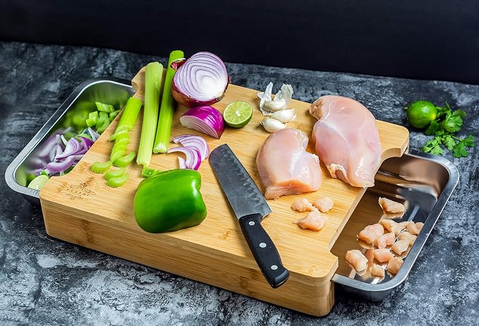 Bamboo Cutting Board by Ecozoi with 2 Slide Out Drawers. Keep Meal Prep Organized With Organic Bamboo Wooden Chopping Station. Non-Slip Butcher Block with Juice Groove for Easy Cleaning