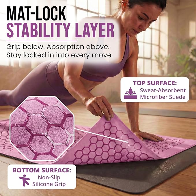 Clever Yoga Hot Yoga Mat Towel – Non-Slip Grip for Hot Yoga, Sweat Absorbent, Honeycomb Silicone Grip, Stays Flat – Ideal for Pilates, Travel, Washable & Lightweight - Lilac