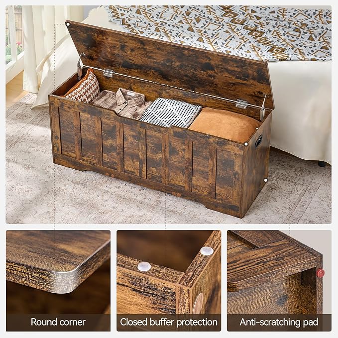 VANKILEY 47.2" Storage Chest Extra Large,Storage Trunk with 2 Safety Hinges,Wooden Storage Bench,Shoe Bench,47.2x15.7x19.1Inch,Easy Assembly,Storage Bench for Bedroom,Living Room,entryway(Rustic Brown