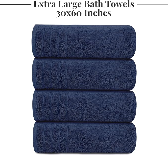 Tens Towels 4 Piece Extra Large Bath Towels 30 x 60 Inches, Navy | 100% Cotton, Larger & Lighter Weight, Quicker to Dry, Super Soft and Absorbent, Perfect for Bathroom