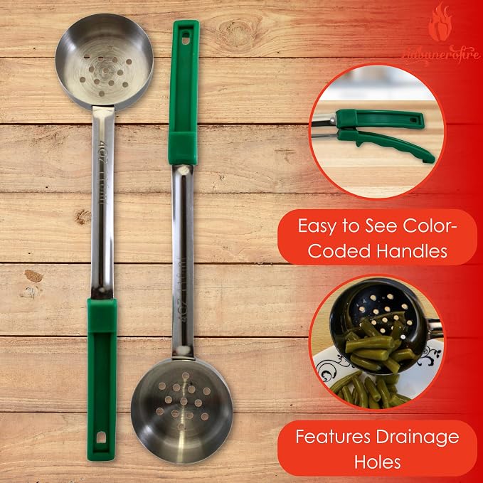 4 oz Slotted Stainless Steel Portion Control Ladle Spoon | Commercial-Grade Spoodle for Portioning & Draining - Pasta, Veggies & Buffet Service. Color-Coded by Size. Dishwasher Safe.