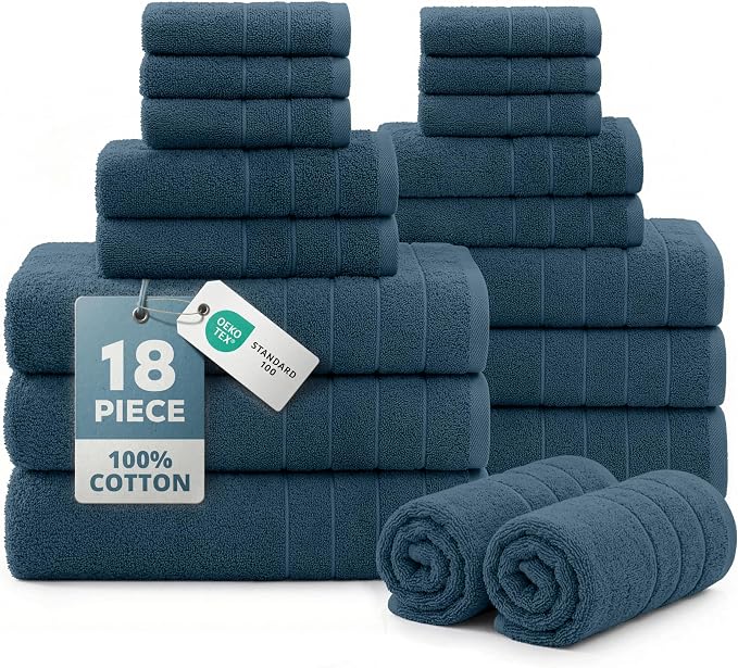 Casa Platino Bath Towel Set Quick Dry 100% Cotton 18 Piece - Steel Blue | Cotton Towels - Classic Terry Weave, Densely Woven, Coordinated Colors, Dobby Border Accent, OEKO-TEX Certified