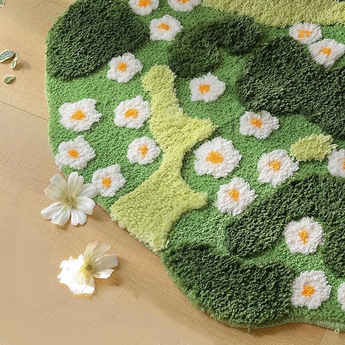 YIKUSH Moss Bath Mat Green Bathroom Rug with Small White Flowers Non Slip Door Mat for Bedroom and Kitchen Soft Washable Rug Floral Nature Bathtub Mat