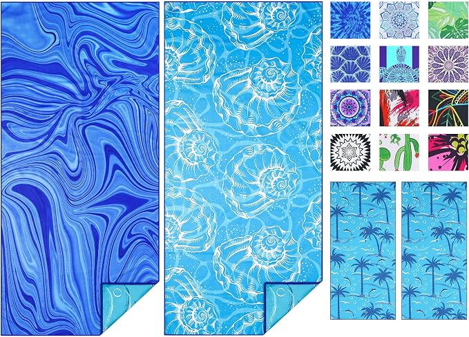 TwoYek Microfiber Beach Towel Extra Large 71x32 Blue Shell 2 Pack | Thin & Lightweight, Sand Free, Super Absorbent & Quick Dry, Oversized Towels for Beach Bath Pool Swim Travel Essentials Gift